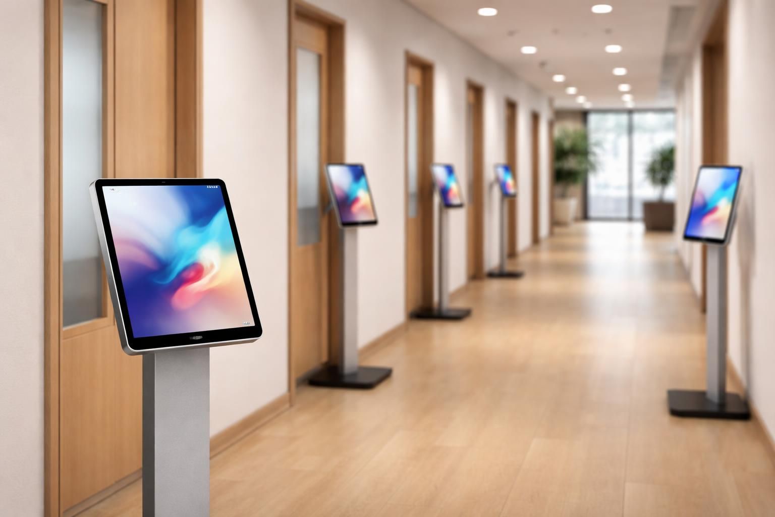 découvrez le kiosque android avec une tablette samsung installée devant chaque salle, offrant un setup professionnel optimal pour une gestion simplifiée et efficace.