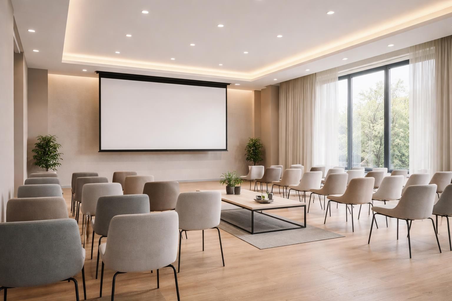 découvrez notre salle « client-ready » équipée d'un écran de projection motorisé intégré au plafond, alliant praticité et design pour vos présentations professionnelles.