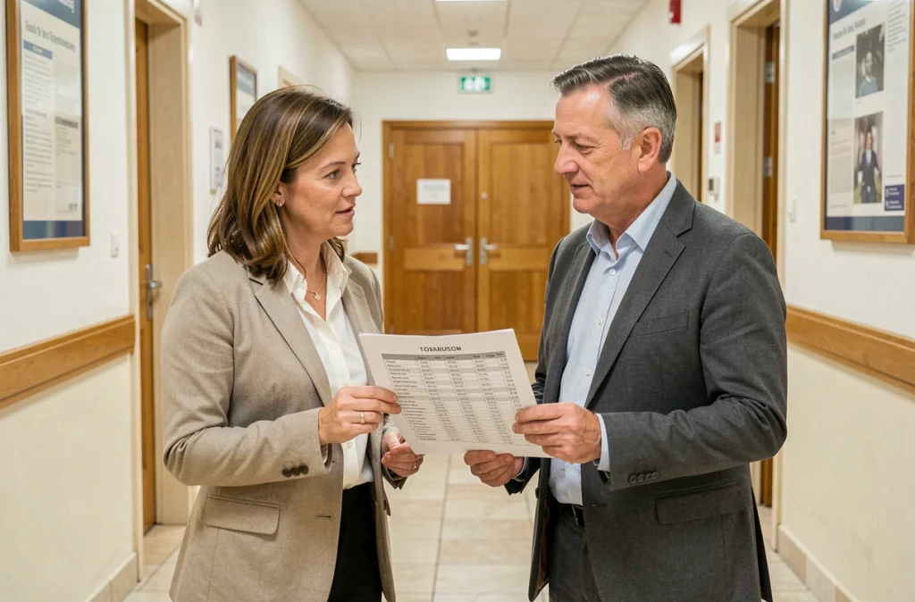 Deux agents territoriaux catégorie A consultant ensemble une grille de salaire dans un couloir de mairie