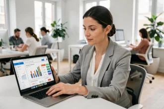 Professionnelle analysant des données de campagne Pay Per Click et de remarketing sur son ordinateur de bureau dans un open-space moderne