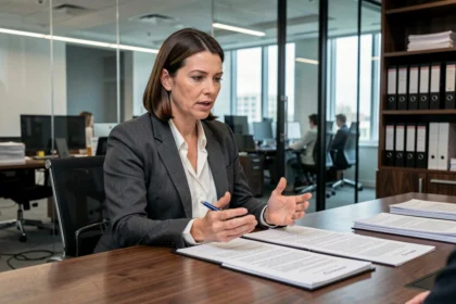 Avocate en entreprise analysant des contrats juridiques externalisés dans une salle de réunion professionnelle moderne