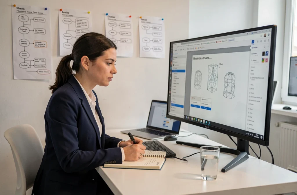 Femme cadre analysant des prototypes wireframe sur un écran dans un laboratoire d'innovation d'entreprise pour un projet MVP