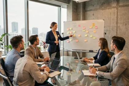 Coach professionnelle animant une session de coaching d'équipe dans une salle de réunion moderne avec des collègues attentifs autour d'une table en verre