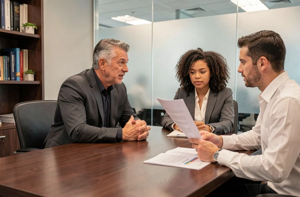 Coach exécutif masculin en entretien de feedback avec deux collaborateurs dans un bureau vitré d'entreprise moderne