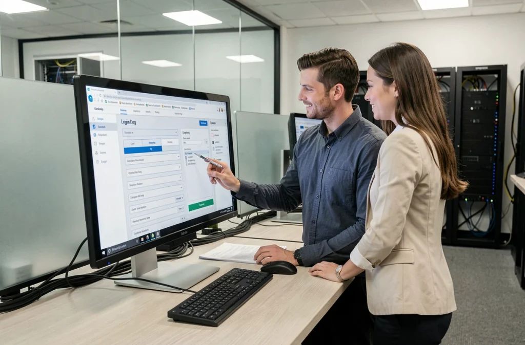 Deux collègues consultant ensemble les réglages de connexion d'un outil professionnel sur un grand écran de bureau