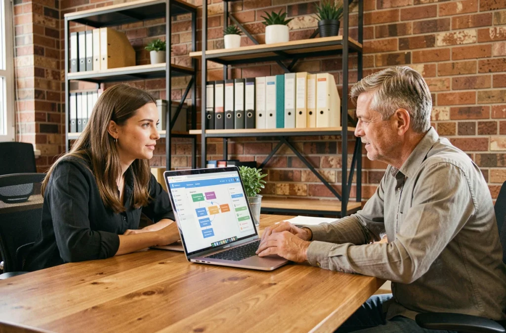 Deux collègues collaborant sur un outil de digitalisation RH dans un espace de travail moderne et chaleureux