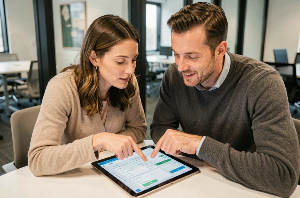 Deux collègues discutant de la configuration d'un agenda professionnel en ligne sur une tablette dans une salle de réunion vitrée