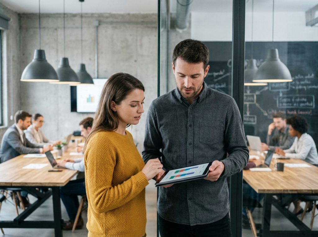 Deux collègues discutant des grilles de salaires en France dans un espace de coworking moderne