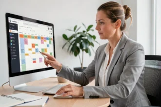 Professionnelle configurant un agenda en ligne sur son ordinateur de bureau dans un espace de travail moderne