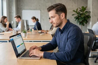 Un homme configurant les réglages de connexion sur un logiciel professionnel depuis son bureau en open space