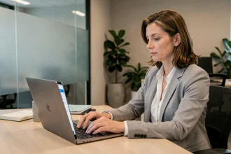 Femme professionnelle se connectant à un portail RH sur son ordinateur portable au bureau