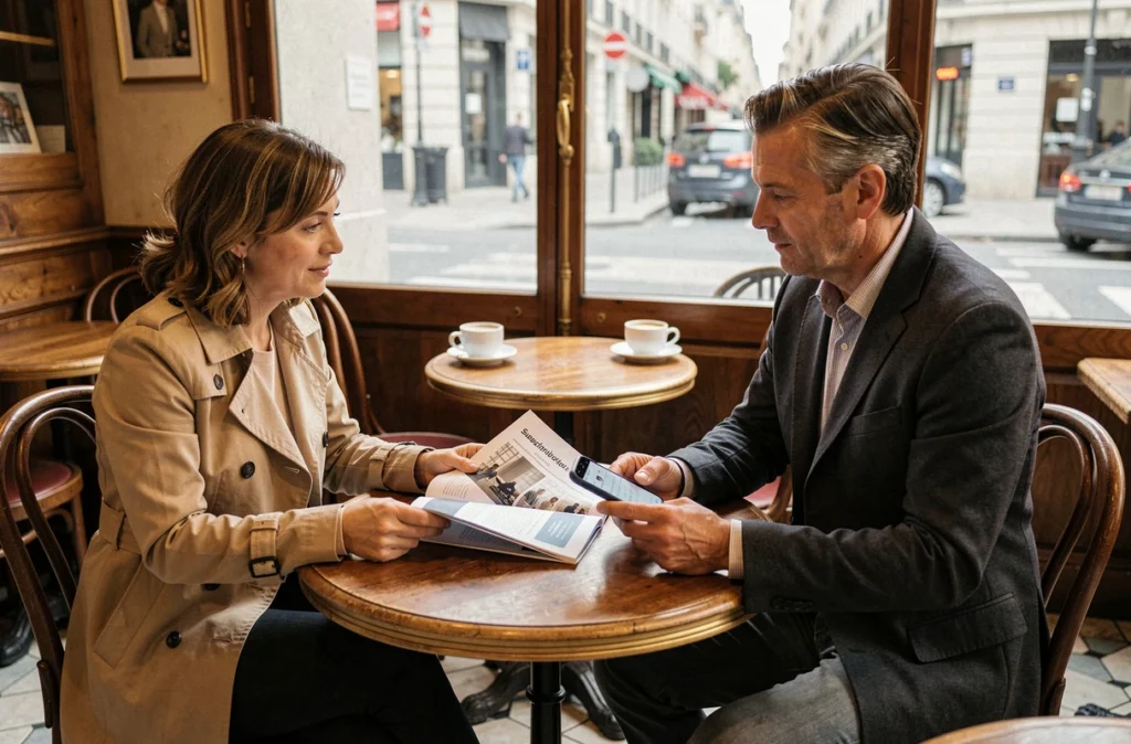 Deux entrepreneurs discutant de la valeur d'un abonnement premium à un journal professionnel dans un café parisien