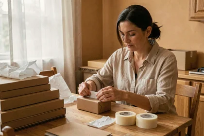 Femme travaillant à domicile pour emballer des colis dans sa cuisine, entourée de cartons et de matériel d'emballage