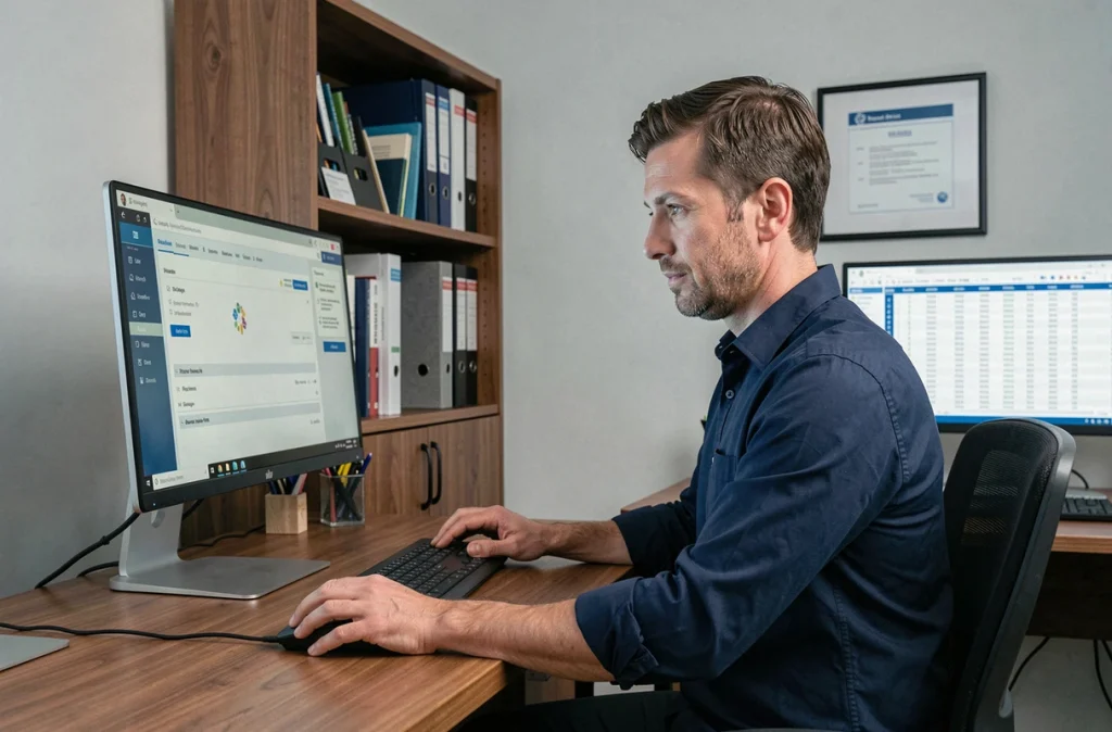 Employé masculin utilisant un logiciel RH sur un ordinateur de bureau dans un bureau privé