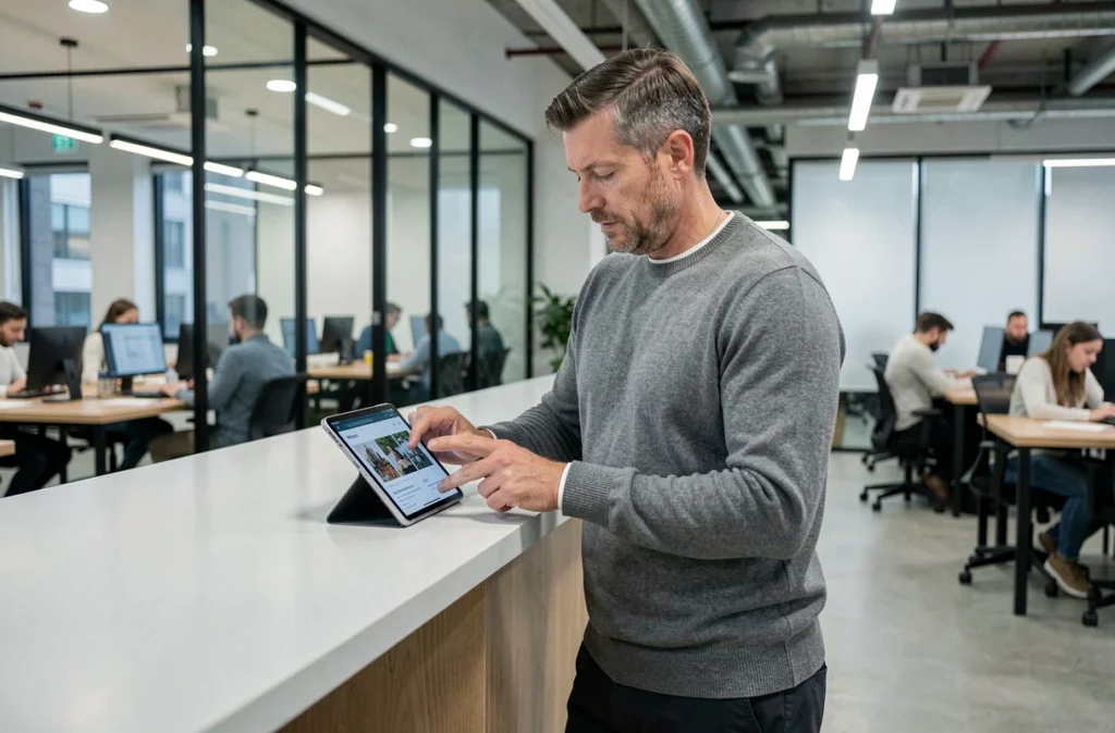 Entrepreneur évaluant un abonnement à un journal premium sur une tablette dans un espace de coworking