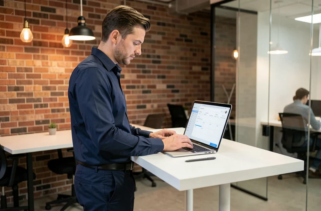 Entrepreneur masculin paramétrant des créneaux de rendez-vous sur une plateforme de prise de rendez-vous en ligne dans un espace de coworking