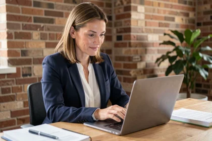 Entrepreneuse lisant un abonnement premium en ligne sur son ordinateur portable dans un bureau moderne