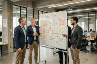 Équipe de professionnels en entreprise collaborant autour d'un tableau blanc lors d'un atelier MVP en transformation digitale