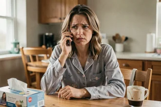 Femme fatiguée en pyjama appelant son employeur depuis sa cuisine pour s'absenter du travail