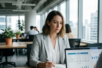 Femme consultant des données salariales sur un ordinateur portable dans un bureau moderne en France