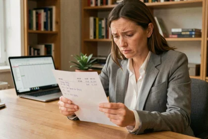 Femme consultant sa fiche de paie à son bureau pour comprendre son taux horaire et le comparer au SMIC