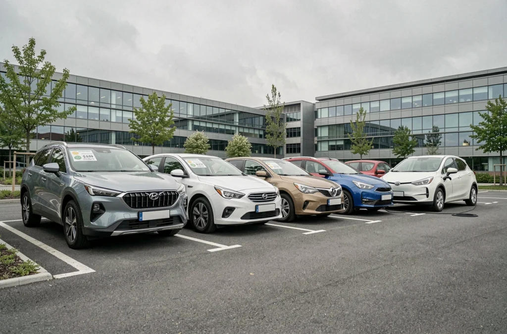 Flotte de véhicules de société alignés en parking d'entreprise incluant des modèles hybrides et électriques soumis au malus écologique 2026