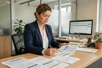 Fonctionnaire territoriale catégorie A calculant son salaire avec des grilles indiciaires imprimées sur son bureau