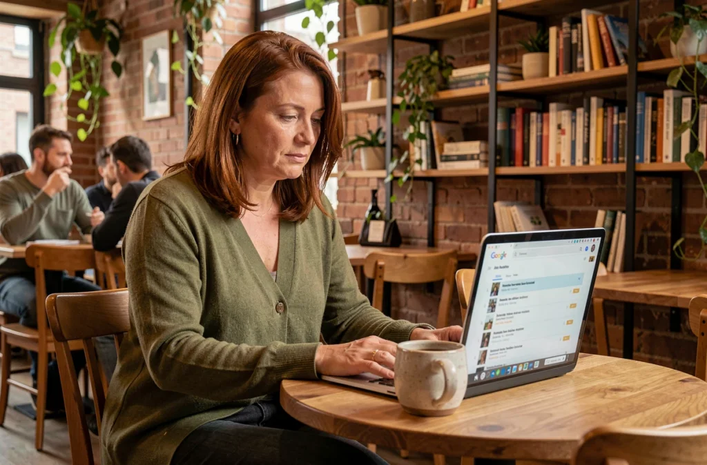 Freelance en marketing digital gérant des campagnes de remarketing Pay Per Click depuis un café avec son ordinateur portable