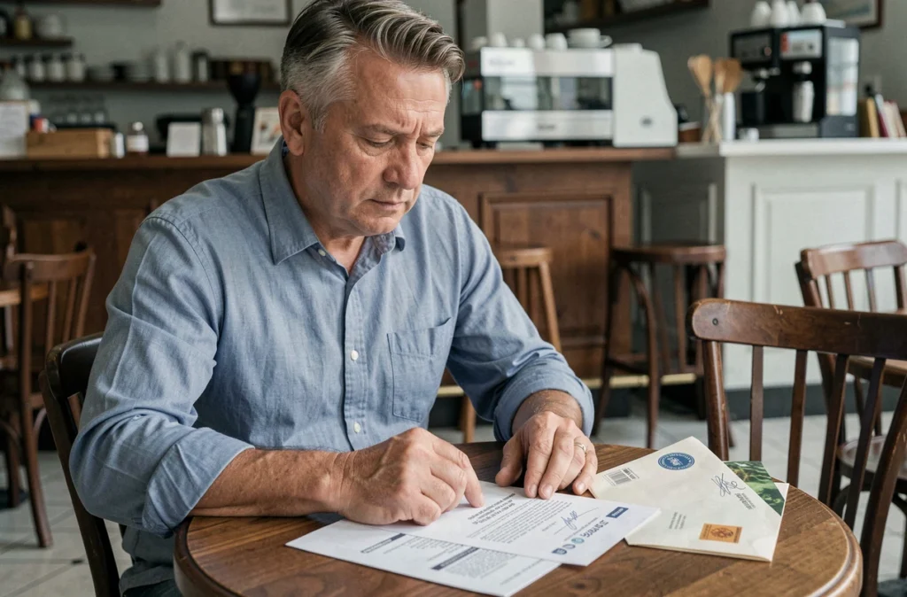 Homme consultant des documents administratifs et une enveloppe scellée dans un café pour une dénonciation anonyme à l'URSSAF