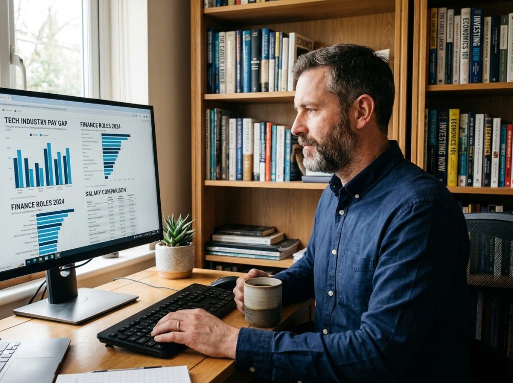Homme en télétravail analysant des comparatifs de salaires en France sur son ordinateur