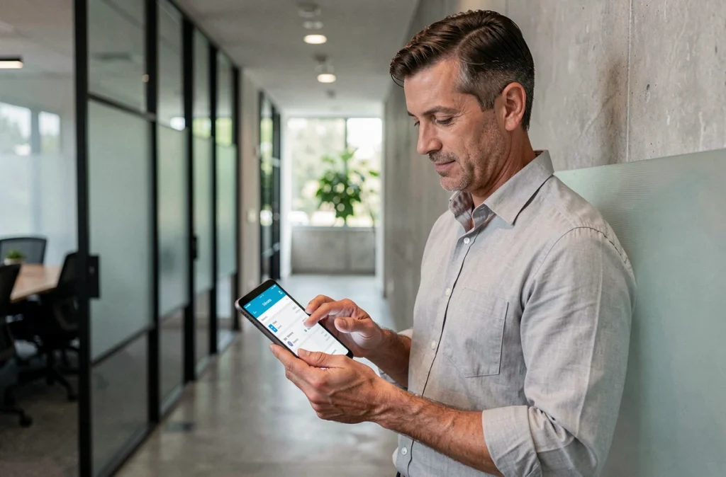 Manager utilisant une tablette numérique pour gérer les processus RH dans un couloir de bureau moderne