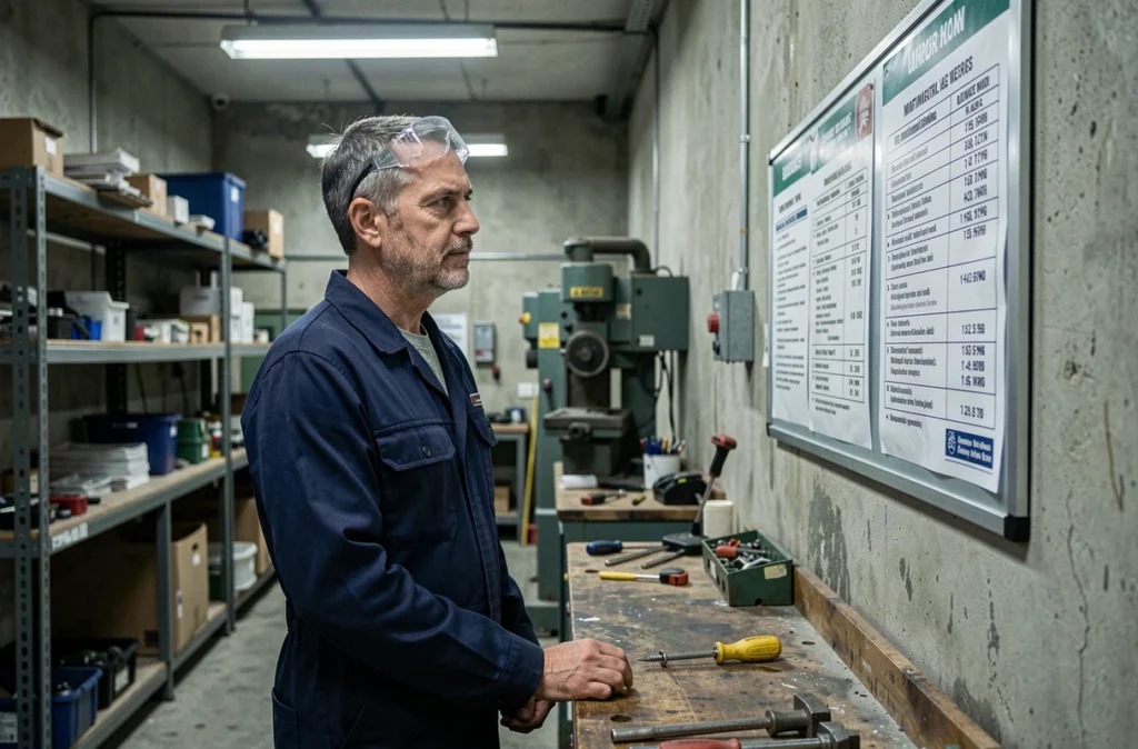 Ouvrier en usine consultant un affichage réglementaire sur le SMIC et le taux horaire minimum