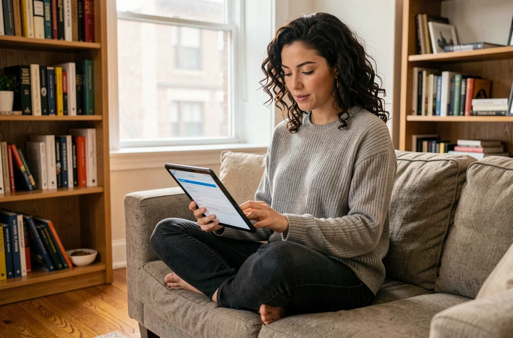 Une femme paramétrant son compte utilisateur sur une tablette depuis un bureau à domicile
