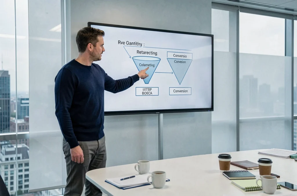 Spécialiste marketing présentant une stratégie de remarketing PPC sur écran tactile dans une salle de réunion contemporaine