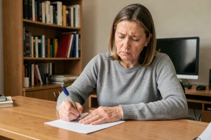 Femme rédigeant une lettre anonyme à son bureau à domicile pour signaler une fraude à l'URSSAF