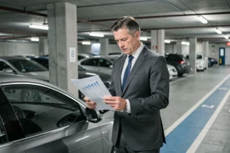 Responsable de flotte automobile en costume examinant un rapport financier sur la taxe véhicules société 2026 dans un parking d'entreprise
