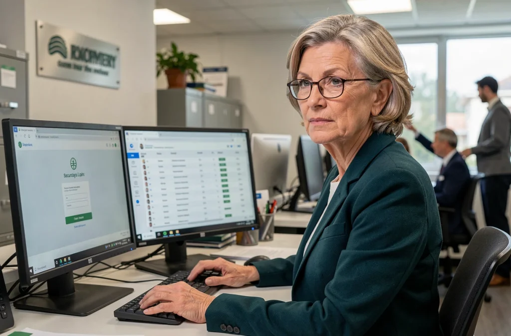 Responsable RH consultant des données salariales sur un poste de travail sécurisé en entreprise