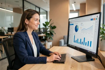 Responsable RH analysant un tableau de bord numérique de gestion des ressources humaines dans un open space moderne