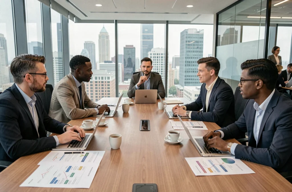 Réunion de dirigeants d'entreprise autour d'une table de conférence discutant de la stratégie MVP dans le cadre d'une transformation digitale