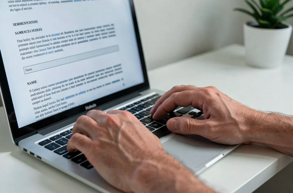 Mains tapant une lettre de dénonciation anonyme à l'URSSAF sur un ordinateur portable dans un bureau minimaliste