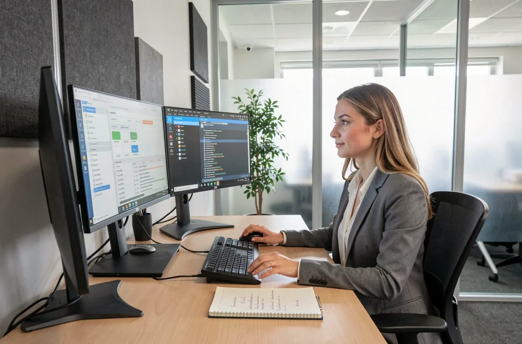 Spécialiste support informatique réalisant une maintenance à distance sur poste de travail en PME