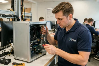 Technicien informatique inspectant l'intérieur d'un ordinateur de bureau dans les locaux d'une PME