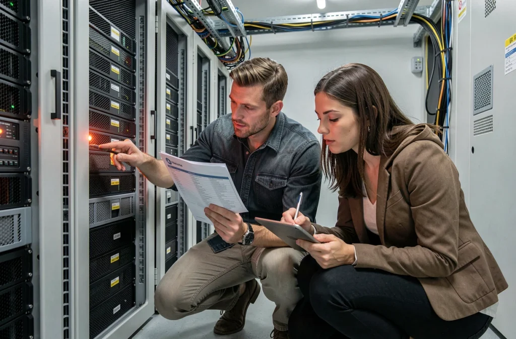 Deux techniciens effectuant une vérification de maintenance sur un rack serveur dans la salle informatique d'une PME