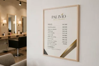 Affiche tarif encadrée dans un salon de coiffure moderne avec typographie élégante et fond de salon flou