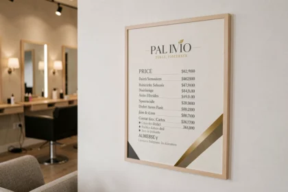 Affiche tarif encadrée dans un salon de coiffure moderne avec typographie élégante et fond de salon flou