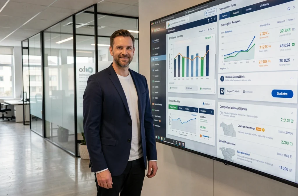 Consultant de MR Digital présentant des tableaux de bord SEO et des rapports de positionnement sur un grand écran numérique