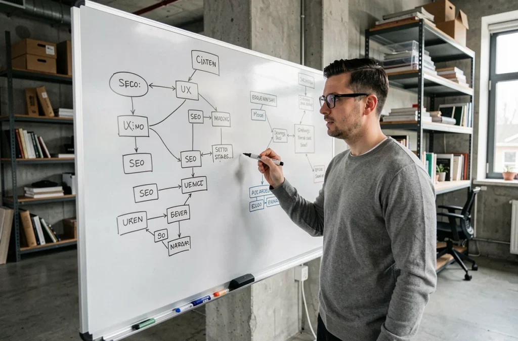 Spécialiste SEO de Naskigo présentant une stratégie de référencement sur un tableau blanc avec des schémas d'architecture de site
