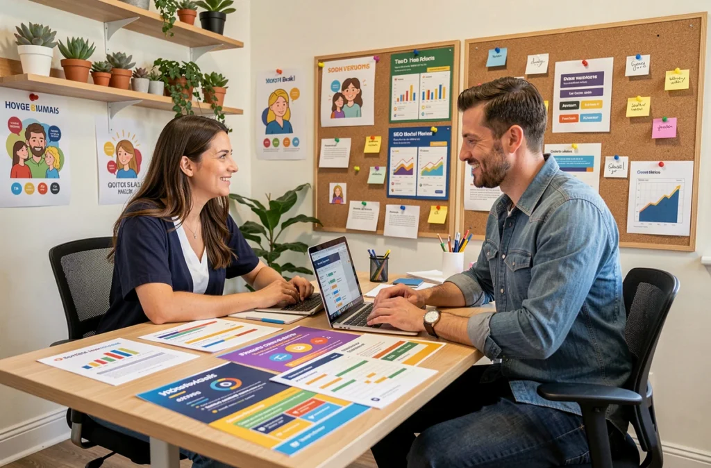 Équipe créative de Snazzy collaborant sur des stratégies SEO et des contenus visuels dans une agence digitale colorée et dynamique