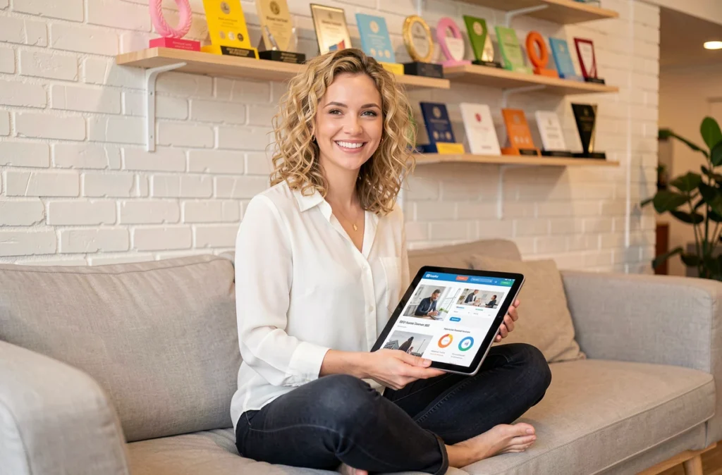 Consultante de Tell n'Clic présentant une campagne SEO locale sur tablette dans un espace de travail créatif et accueillant