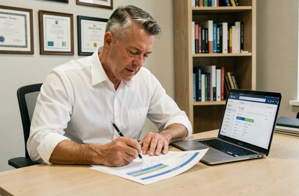 Consultant web de CKC-Net annotant un rapport d'audit SEO imprimé dans un bureau professionnel avec des certifications clients encadrées